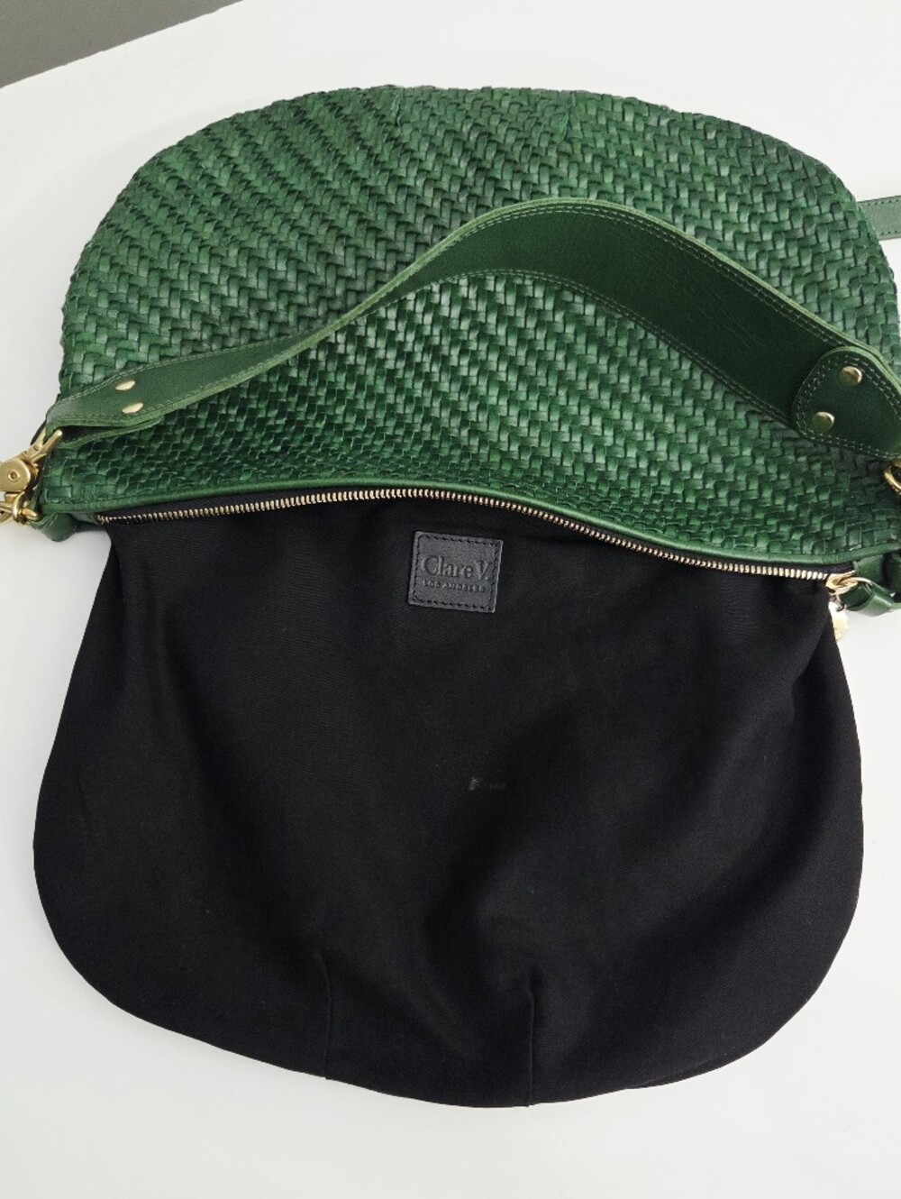 EXCELLENT CLARE V MOYEN MESSENGER BAG - EVERGREEN WOVEN ZIG-ZAG LEATHER - Picture 10 of 11